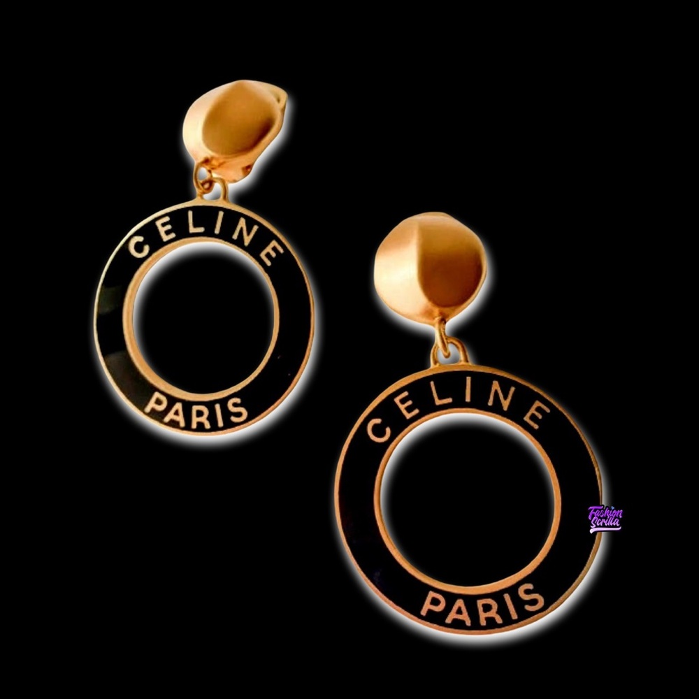 CELINE Paris Vintage Medallion XL Logo Gold - Black Runway Look Clip On Earrings - Picture 5 of 5